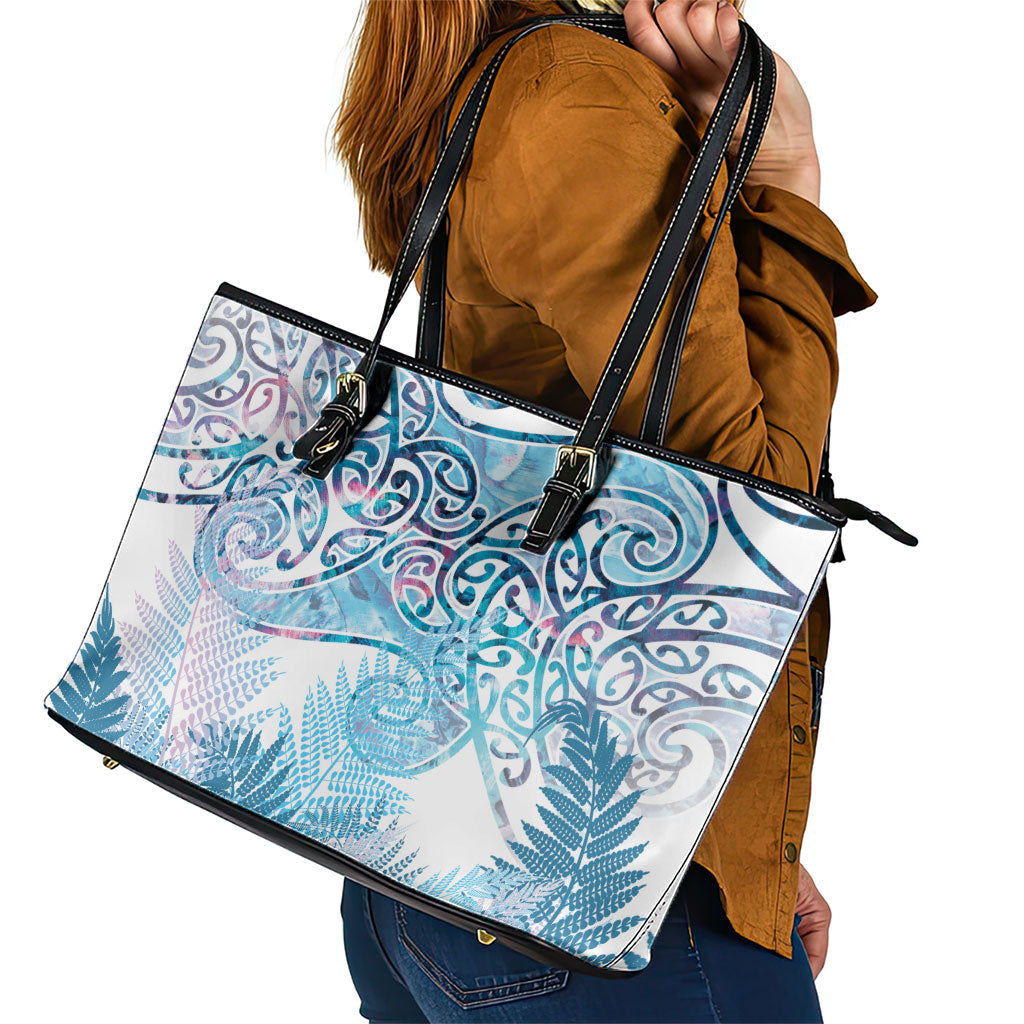 Aotearoa Maori Koru Curves Leather Tote Bag Aqua Paua Shell