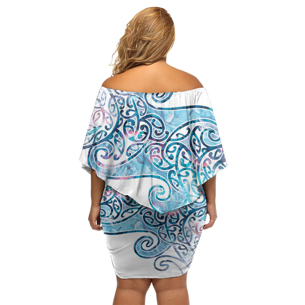 Aotearoa Maori Koru Curves Off Shoulder Short Dress Aqua Paua Shell