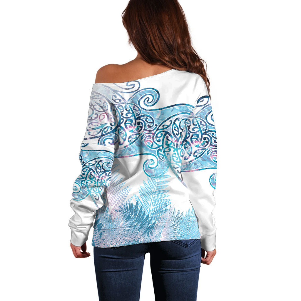 Aotearoa Maori Koru Curves Off Shoulder Sweater Aqua Paua Shell