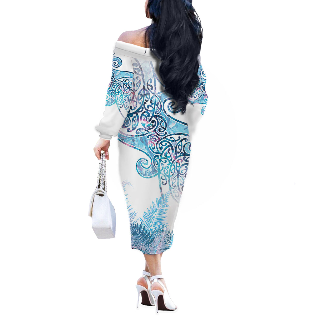 Aotearoa Maori Koru Curves Off The Shoulder Long Sleeve Dress Aqua Paua Shell
