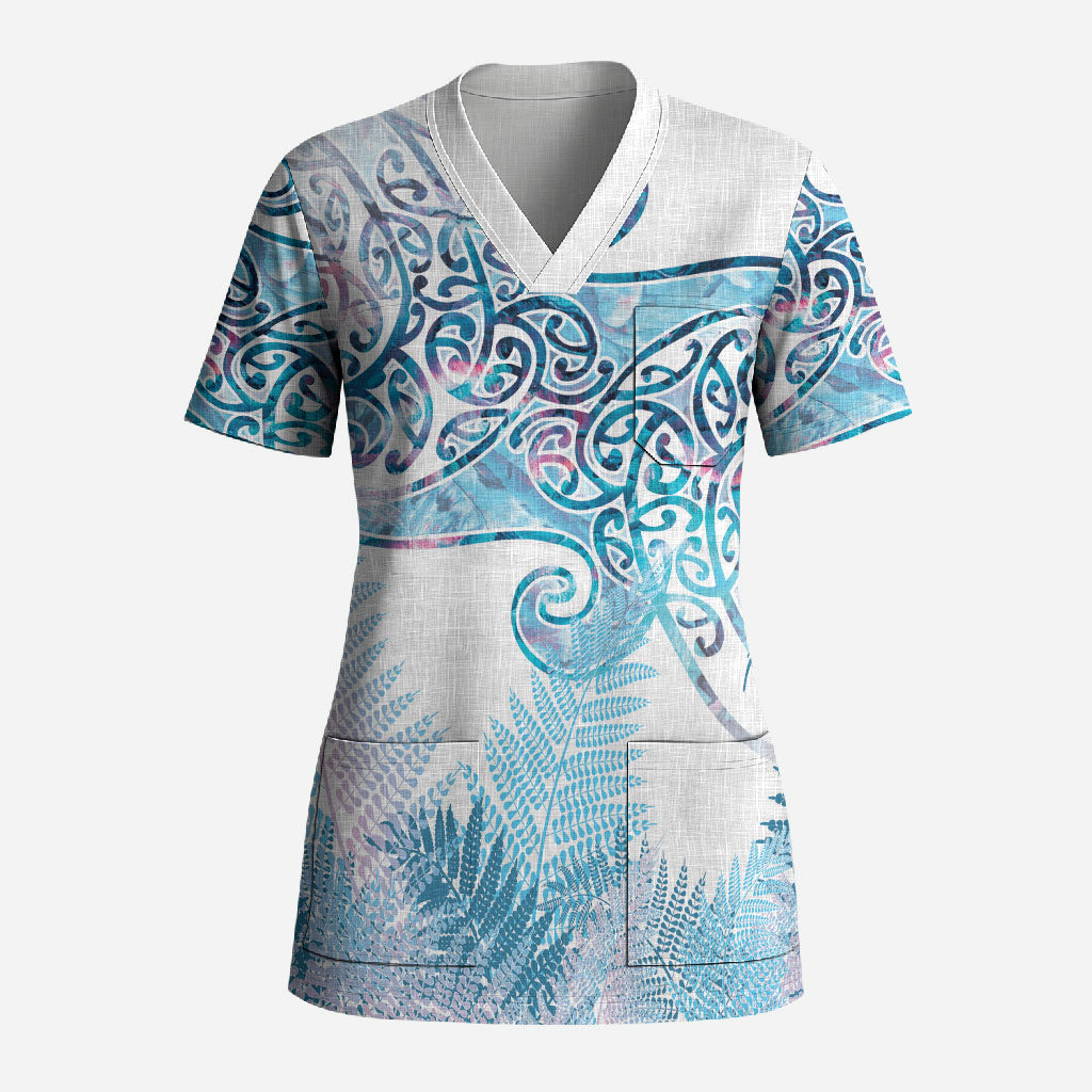 Aotearoa Maori Koru Curves Scrub Top Aqua Paua Shell
