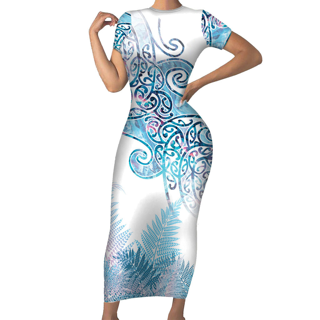 Aotearoa Maori Koru Curves Short Sleeve Bodycon Dress Aqua Paua Shell