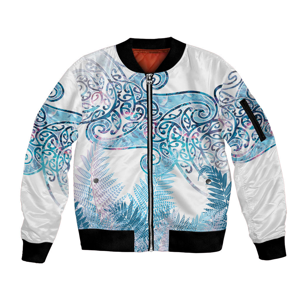 Aotearoa Maori Koru Curves Sleeve Zip Bomber Jacket Aqua Paua Shell
