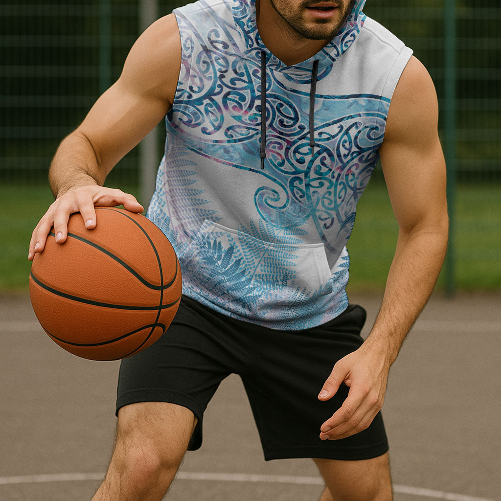 Aotearoa Maori Koru Curves Sleeveless Hoodie Aqua Paua Shell