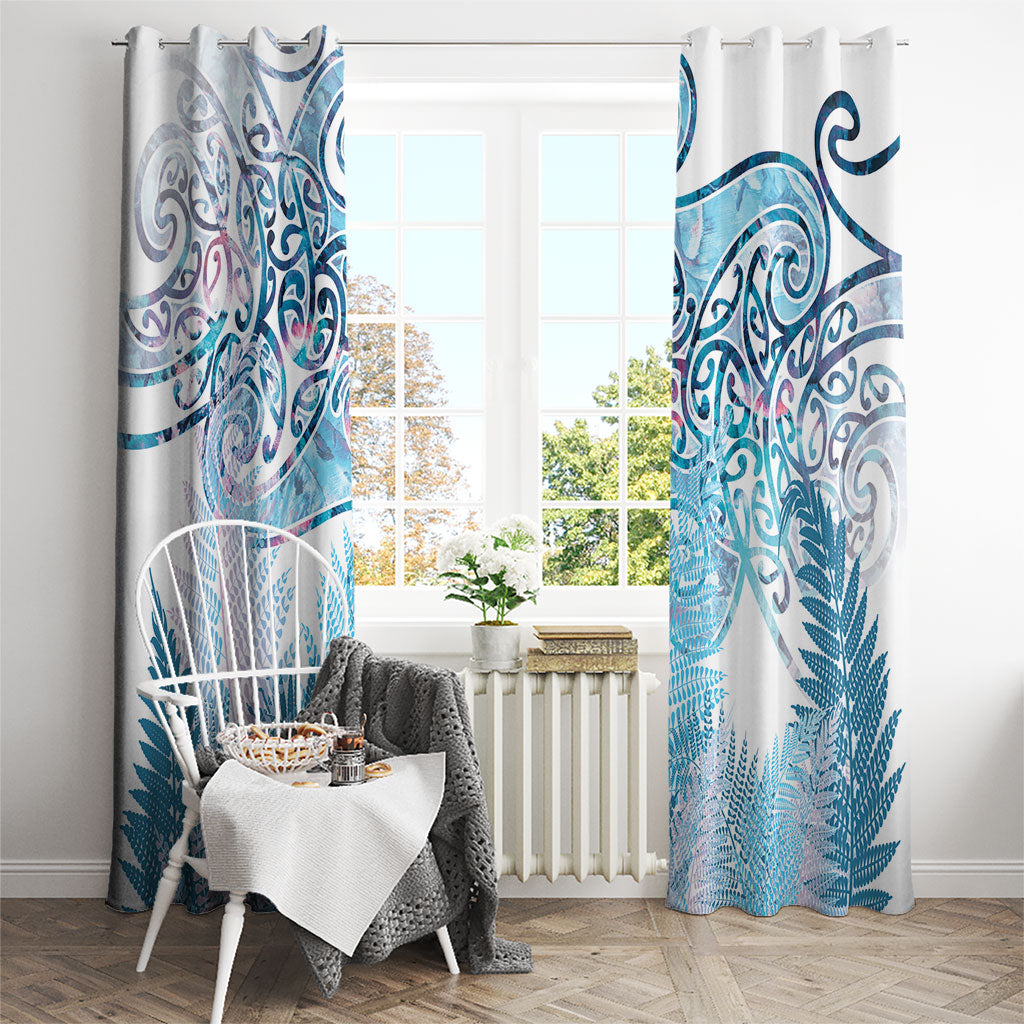 Aotearoa Maori Koru Curves Window Curtain Aqua Paua Shell
