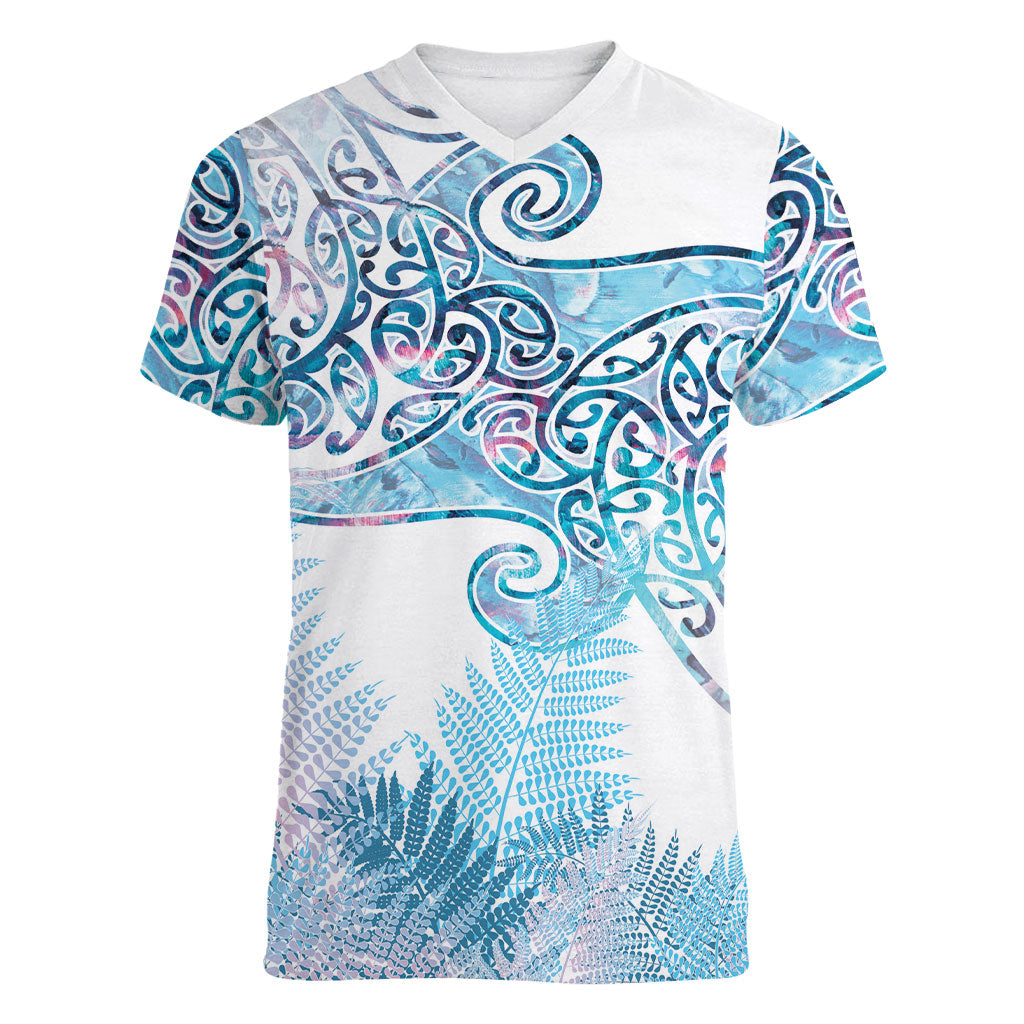 Aotearoa Maori Koru Curves Women V-Neck T-Shirt Aqua Paua Shell