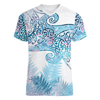 Aotearoa Maori Koru Curves Women V-Neck T-Shirt Aqua Paua Shell