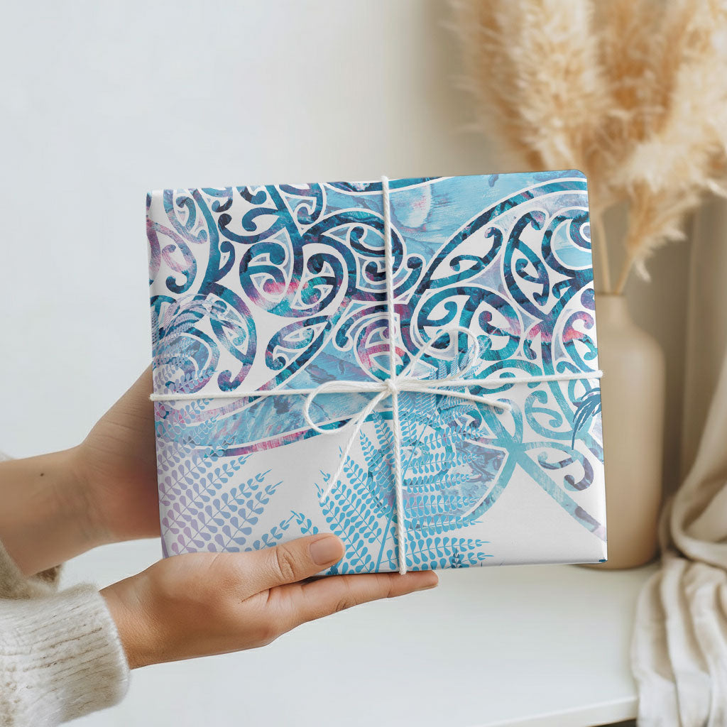 Aotearoa Maori Koru Curves Wrapping Paper Aqua Paua Shell