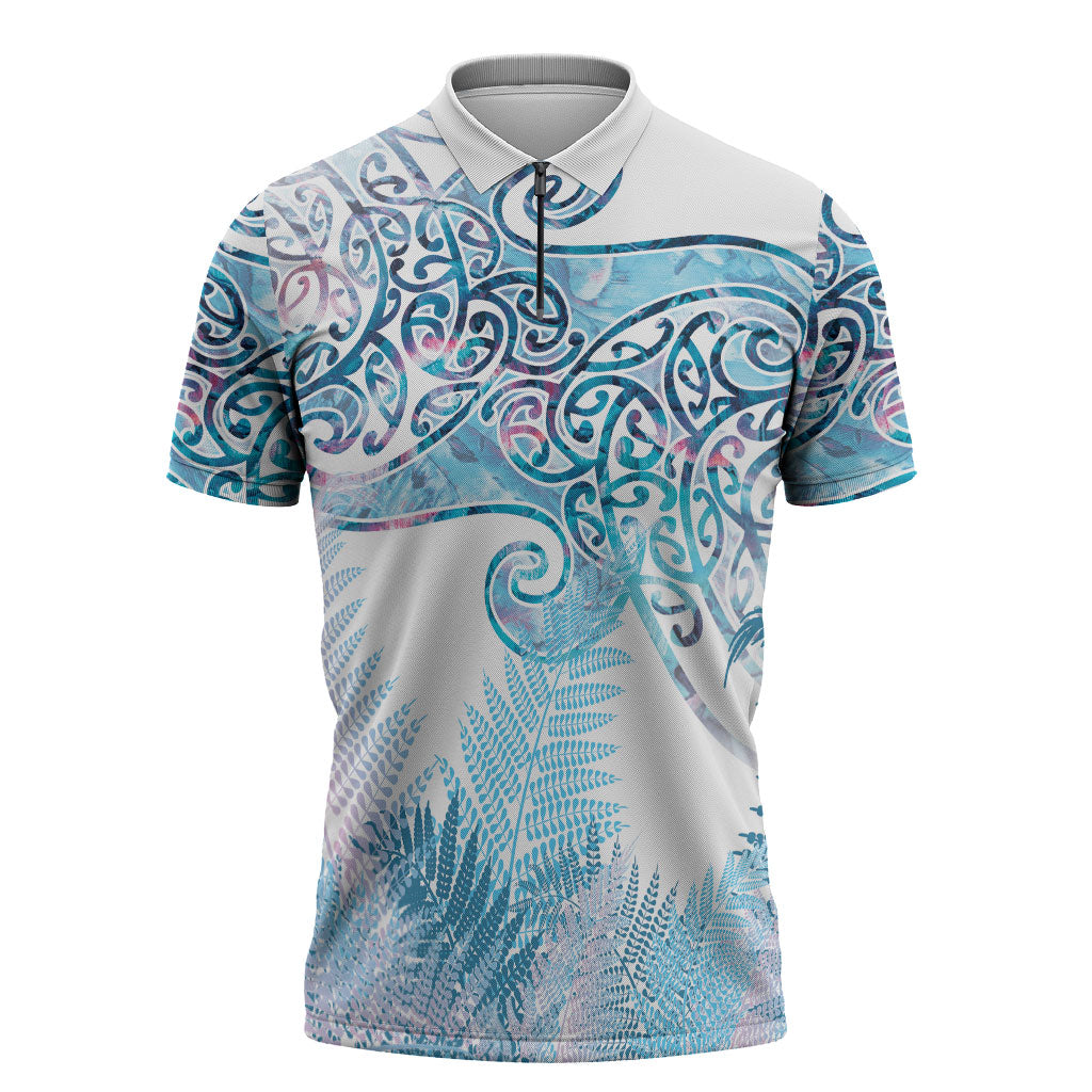 Aotearoa Maori Koru Curves Zipper Polo Shirt Aqua Paua Shell
