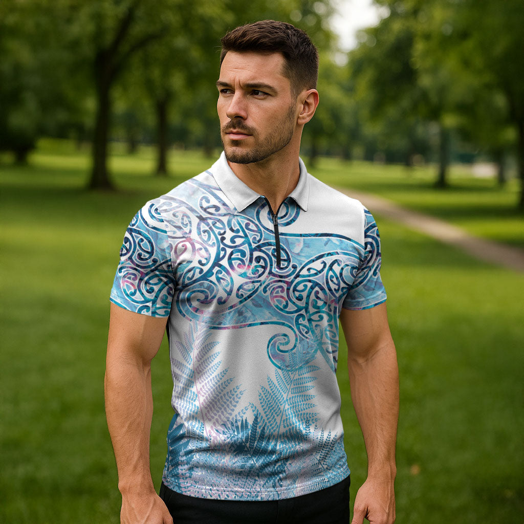 Aotearoa Maori Koru Curves Zipper Polo Shirt Aqua Paua Shell
