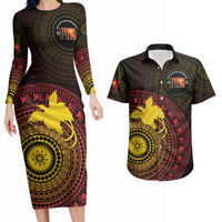 Papua New Guinea Independence Personalized Couples Matching Long Sleeve Bodycon Dress and Hawaiian Shirt Tapa Circle LT7 Black - Polynesian Pride