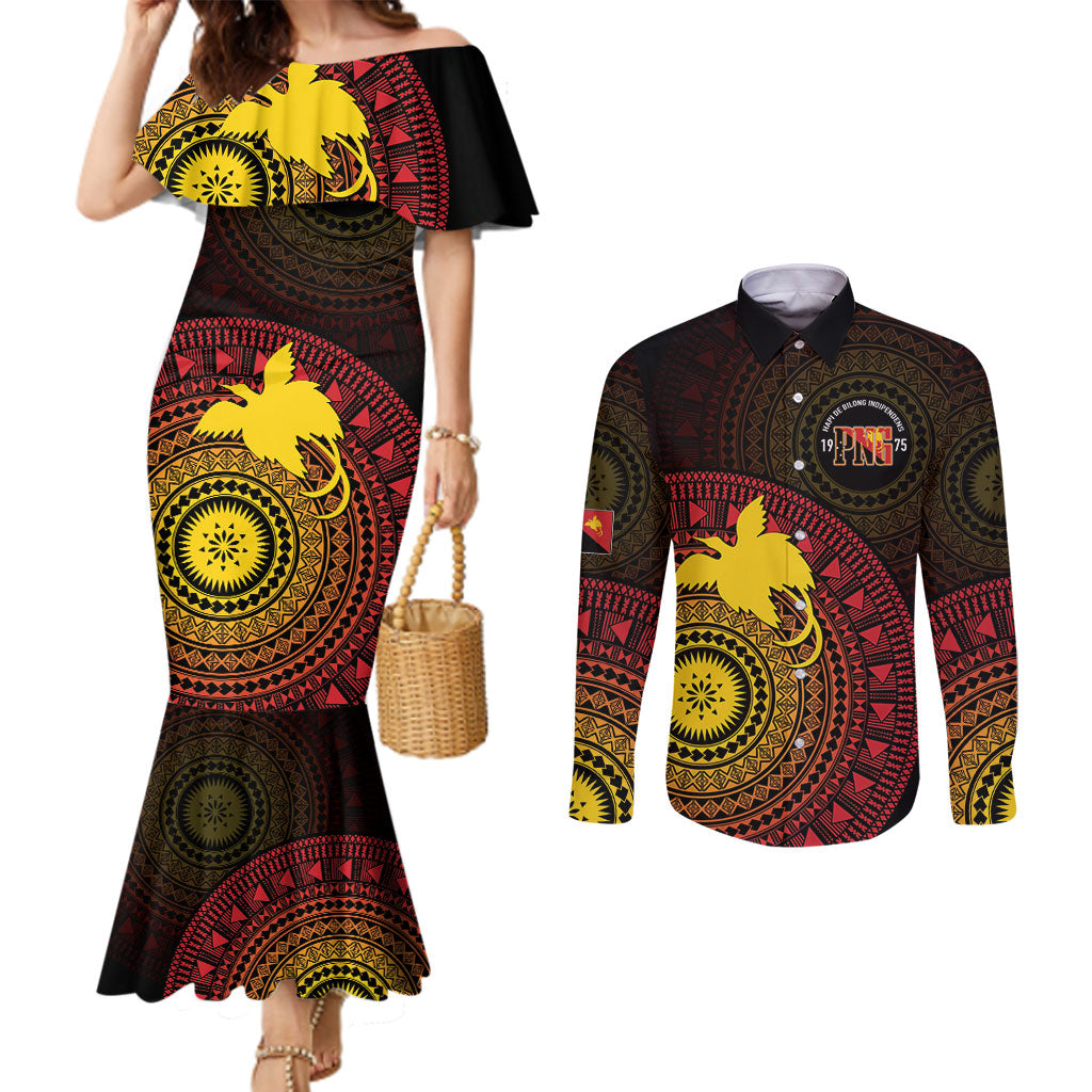Papua New Guinea Independence Personalized Couples Matching Mermaid Dress and Long Sleeve Button Shirt Tapa Circle