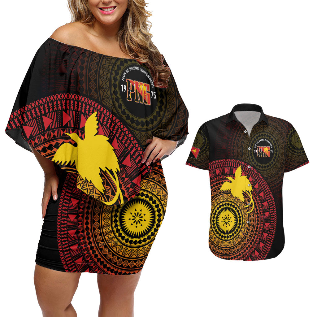 Papua New Guinea Independence Personalized Couples Matching Off Shoulder Short Dress and Hawaiian Shirt Tapa Circle