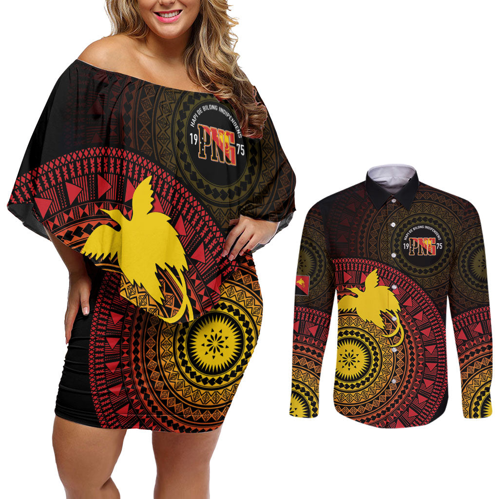 Papua New Guinea Independence Personalized Couples Matching Off Shoulder Short Dress and Long Sleeve Button Shirt Tapa Circle LT7 Black - Polynesian Pride