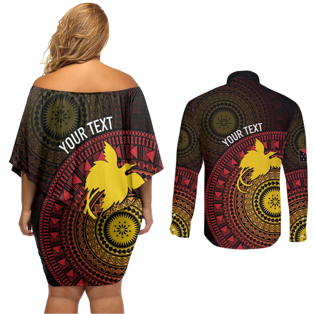Papua New Guinea Independence Personalized Couples Matching Off Shoulder Short Dress and Long Sleeve Button Shirt Tapa Circle
