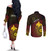 Papua New Guinea Independence Personalized Couples Matching Off The Shoulder Long Sleeve Dress and Long Sleeve Button Shirt Tapa Circle