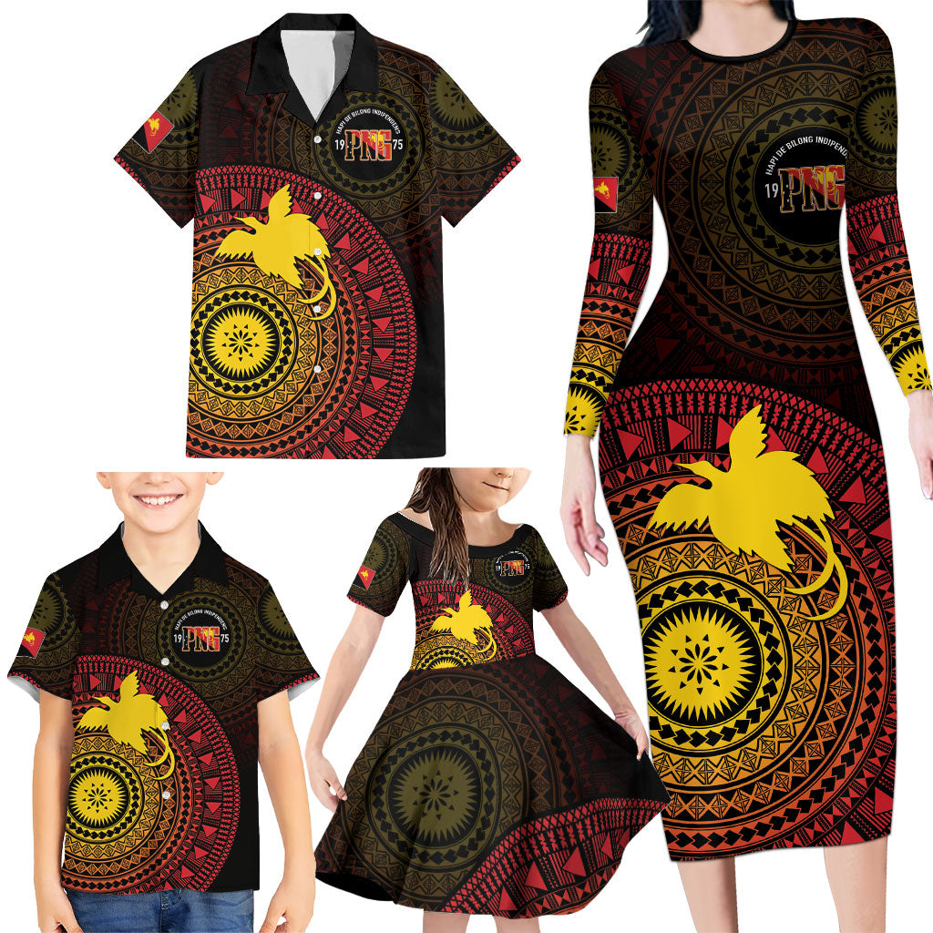 Papua New Guinea Independence Personalized Family Matching Long Sleeve Bodycon Dress and Hawaiian Shirt Tapa Circle LT7 - Polynesian Pride