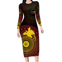 Papua New Guinea Independence Personalized Family Matching Long Sleeve Bodycon Dress and Hawaiian Shirt Tapa Circle LT7 Mom's Dress Black - Polynesian Pride