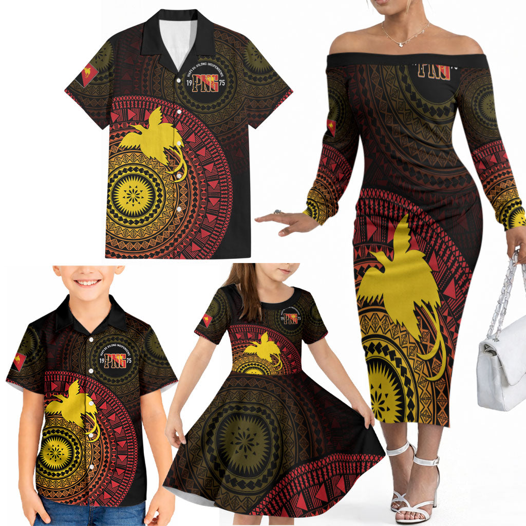 Papua New Guinea Independence Personalized Family Matching Off The Shoulder Long Sleeve Dress and Hawaiian Shirt Tapa Circle LT7 - Polynesian Pride