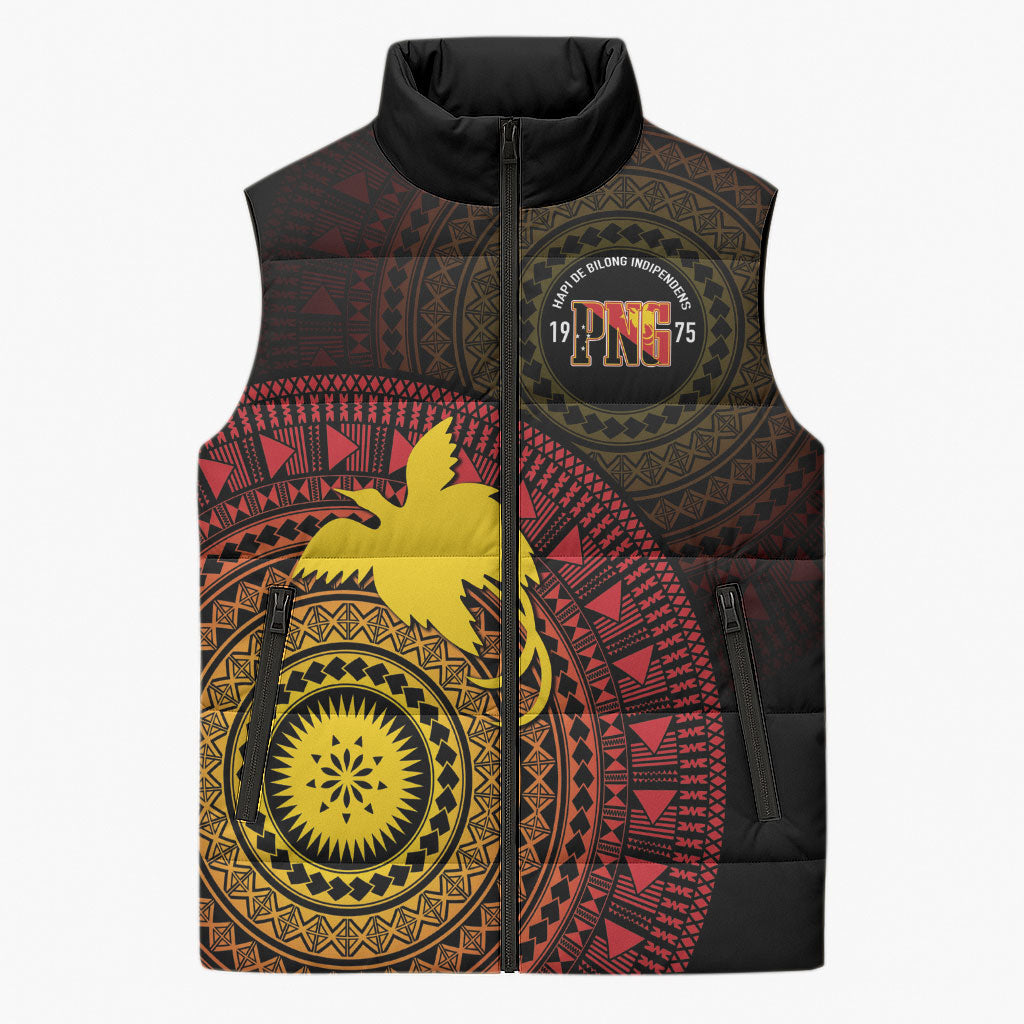 Papua New Guinea Independence Personalized Sleeveless Puffer Jacket Tapa Circle LT7 Unisex Black - Polynesian Pride