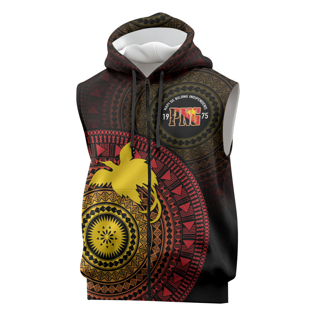 Papua New Guinea Independence Personalized Sleeveless Zip Hoodie Tapa Circle LT7 Black - Polynesian Pride