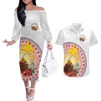 Hapi De Bilong Indipendens Papua New Guinea Couples Matching Off The Shoulder Long Sleeve Dress and Hawaiian Shirt PNG Lime Pot LT7 White - Polynesian Pride