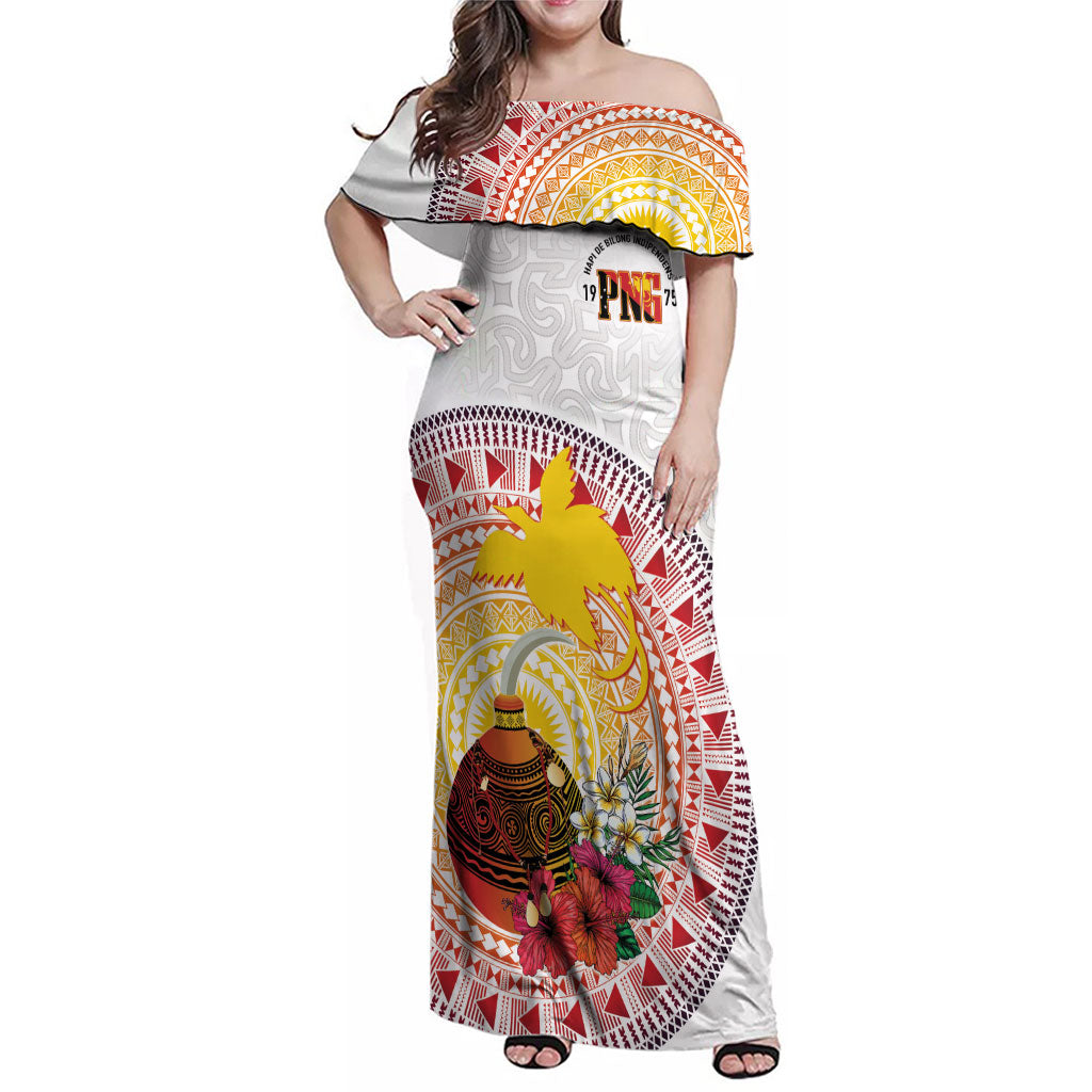 Hapi De Bilong Indipendens Papua New Guinea Family Matching Off Shoulder Maxi Dress and Hawaiian Shirt PNG Lime Pot LT7 Mom's Dress White - Polynesian Pride