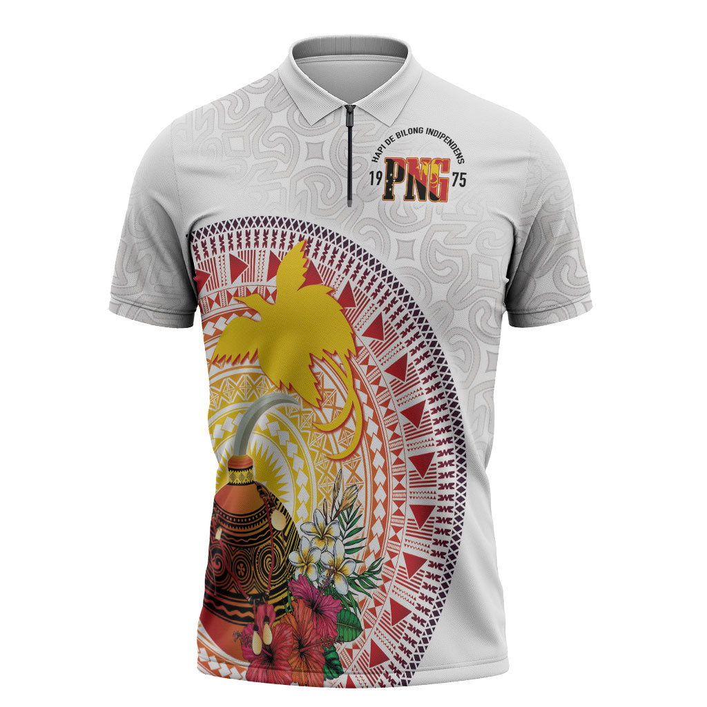 Hapi De Bilong Indipendens Papua New Guinea Zipper Polo Shirt PNG Lime Pot LT7 White - Polynesian Pride