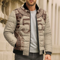 Bula Fiji Day 55th Anniversary Masi Tapa Bomber Puffer Jacket Emerald Jubilee - Beige - Polynesian Pride