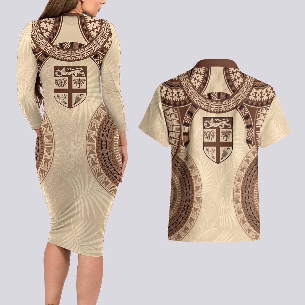 Bula Fiji Day 55th Anniversary Masi Tapa Couples Matching Long Sleeve Bodycon Dress and Hawaiian Shirt Emerald Jubilee - Beige LT7 - Polynesian Pride
