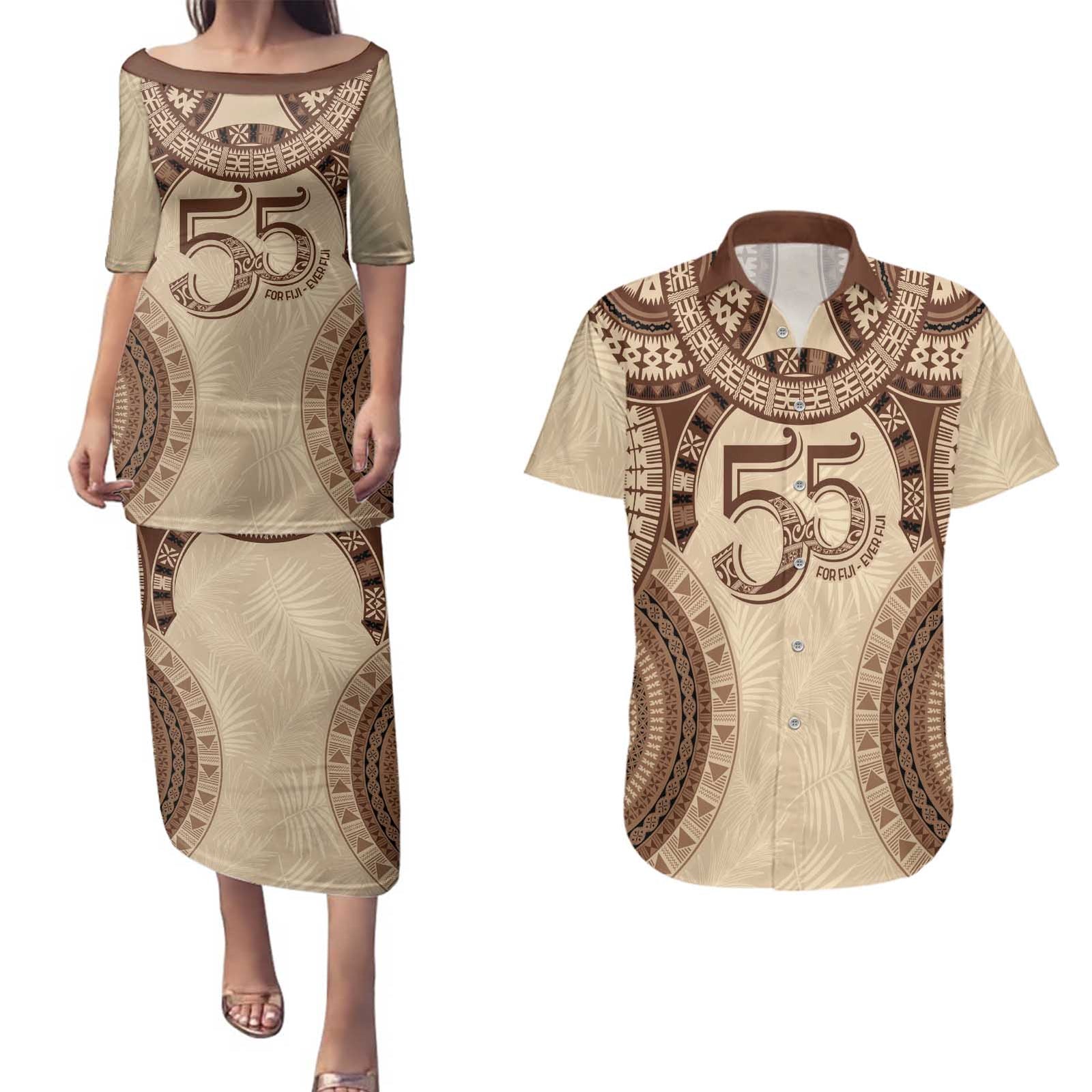 Bula Fiji Day 55th Anniversary Masi Tapa Couples Matching Puletasi and Hawaiian Shirt Emerald Jubilee - Beige - Polynesian Pride