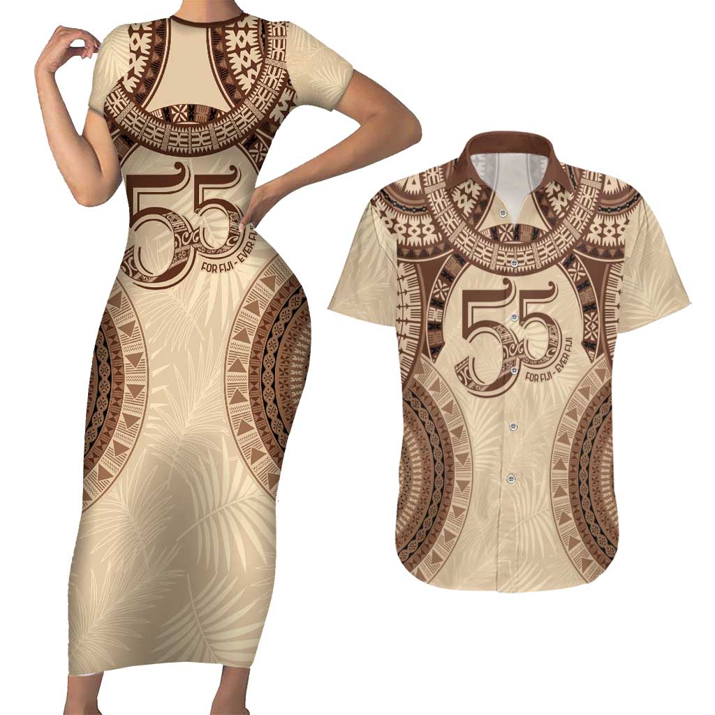 Bula Fiji Day 55th Anniversary Masi Tapa Couples Matching Short Sleeve Bodycon Dress and Hawaiian Shirt Emerald Jubilee - Beige LT7 Beige - Polynesian Pride