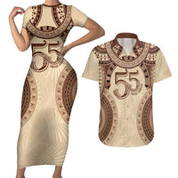 Bula Fiji Day 55th Anniversary Masi Tapa Couples Matching Short Sleeve Bodycon Dress and Hawaiian Shirt Emerald Jubilee - Beige LT7 Beige - Polynesian Pride