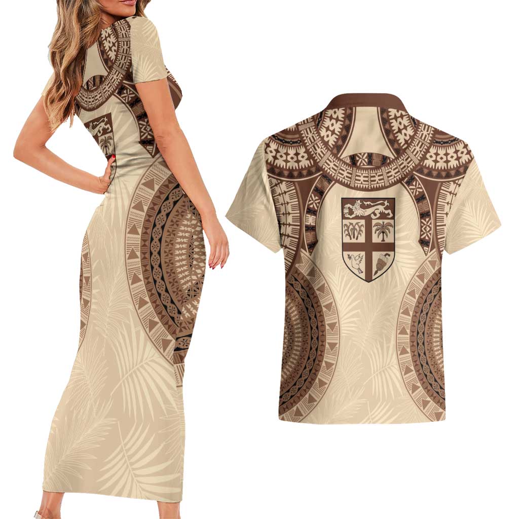 Bula Fiji Day 55th Anniversary Masi Tapa Couples Matching Short Sleeve Bodycon Dress and Hawaiian Shirt Emerald Jubilee - Beige LT7 - Polynesian Pride