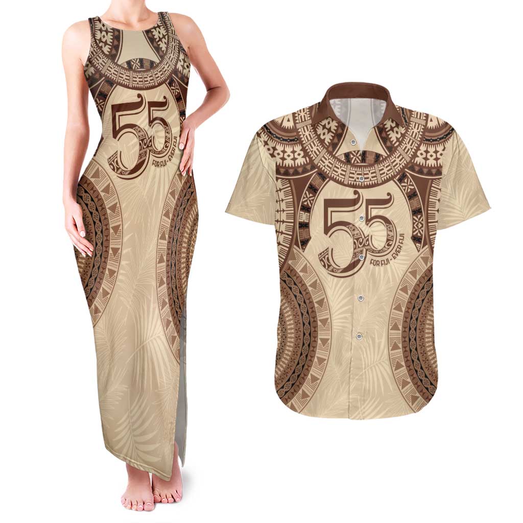 Bula Fiji Day 55th Anniversary Masi Tapa Couples Matching Tank Maxi Dress and Hawaiian Shirt Emerald Jubilee - Beige LT7 Beige - Polynesian Pride