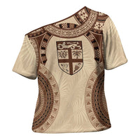 Bula Fiji Day 55th Anniversary Masi Tapa Cross Shoulder Shirt Emerald Jubilee - Beige - Polynesian Pride