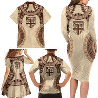 Bula Fiji Day 55th Anniversary Masi Tapa Family Matching Long Sleeve Bodycon Dress and Hawaiian Shirt Emerald Jubilee - Beige LT7 - Polynesian Pride