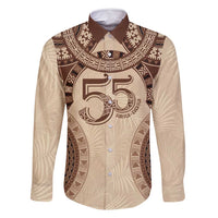 Bula Fiji Day 55th Anniversary Masi Tapa Family Matching Long Sleeve Bodycon Dress and Hawaiian Shirt Emerald Jubilee - Beige LT7 Dad's Shirt - Long Sleeve Beige - Polynesian Pride