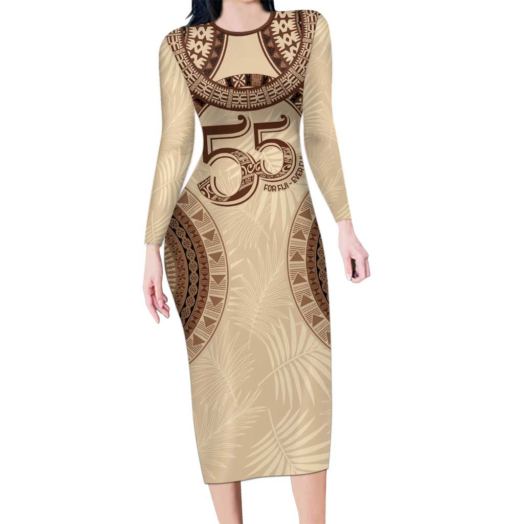 Bula Fiji Day 55th Anniversary Masi Tapa Family Matching Long Sleeve Bodycon Dress and Hawaiian Shirt Emerald Jubilee - Beige LT7 Mom's Dress Beige - Polynesian Pride