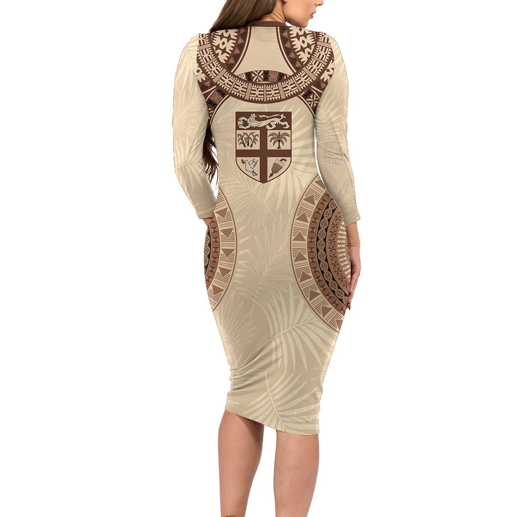 Bula Fiji Day 55th Anniversary Masi Tapa Family Matching Long Sleeve Bodycon Dress and Hawaiian Shirt Emerald Jubilee - Beige LT7 - Polynesian Pride