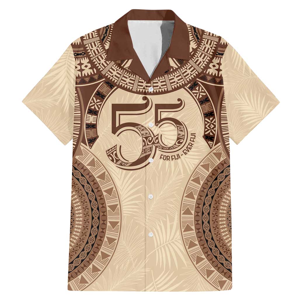 Bula Fiji Day 55th Anniversary Masi Tapa Family Matching Mermaid Dress and Hawaiian Shirt Emerald Jubilee - Beige LT7 Dad's Shirt - Short Sleeve Beige - Polynesian Pride