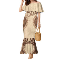 Bula Fiji Day 55th Anniversary Masi Tapa Family Matching Mermaid Dress and Hawaiian Shirt Emerald Jubilee - Beige LT7 Mom's Dress Beige - Polynesian Pride