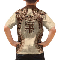 Bula Fiji Day 55th Anniversary Masi Tapa Family Matching Off The Shoulder Long Sleeve Dress and Hawaiian Shirt Emerald Jubilee - Beige LT7 - Polynesian Pride
