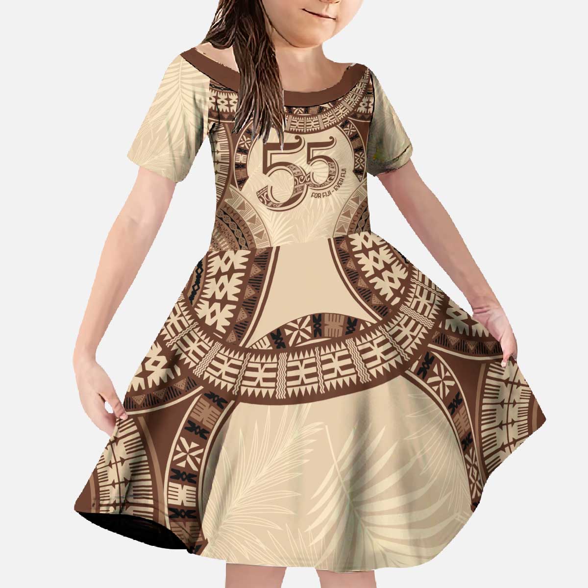 Bula Fiji Day 55th Anniversary Masi Tapa Family Matching Off The Shoulder Long Sleeve Dress and Hawaiian Shirt Emerald Jubilee - Beige LT7 Daughter's Dress Beige - Polynesian Pride
