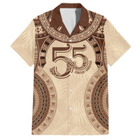 Bula Fiji Day 55th Anniversary Masi Tapa Family Matching Off The Shoulder Long Sleeve Dress and Hawaiian Shirt Emerald Jubilee - Beige LT7 Dad's Shirt - Short Sleeve Beige - Polynesian Pride