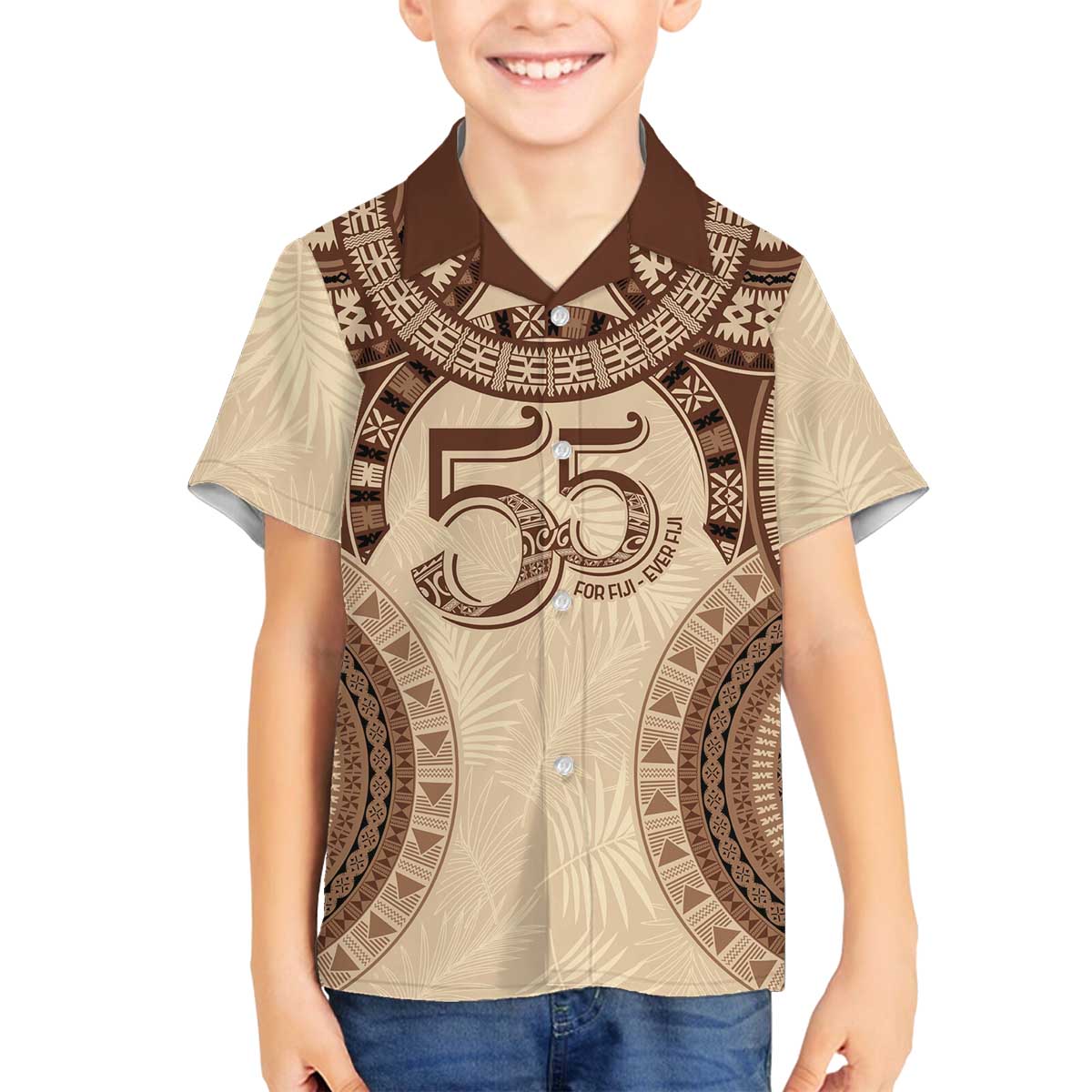Bula Fiji Day 55th Anniversary Masi Tapa Family Matching Off The Shoulder Long Sleeve Dress and Hawaiian Shirt Emerald Jubilee - Beige LT7 Son's Shirt Beige - Polynesian Pride