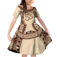 Bula Fiji Day 55th Anniversary Masi Tapa Family Matching Off Shoulder Short Dress and Hawaiian Shirt Emerald Jubilee - Beige LT7 Daughter's Dress Beige - Polynesian Pride