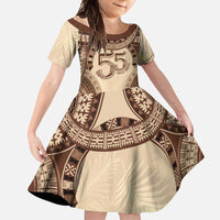 Bula Fiji Day 55th Anniversary Masi Tapa Family Matching Short Sleeve Bodycon Dress and Hawaiian Shirt Emerald Jubilee - Beige LT7 Daughter's Dress Beige - Polynesian Pride