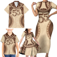 Bula Fiji Day 55th Anniversary Masi Tapa Family Matching Short Sleeve Bodycon Dress and Hawaiian Shirt Emerald Jubilee - Beige LT7 - Polynesian Pride