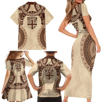 Bula Fiji Day 55th Anniversary Masi Tapa Family Matching Short Sleeve Bodycon Dress and Hawaiian Shirt Emerald Jubilee - Beige LT7 - Polynesian Pride